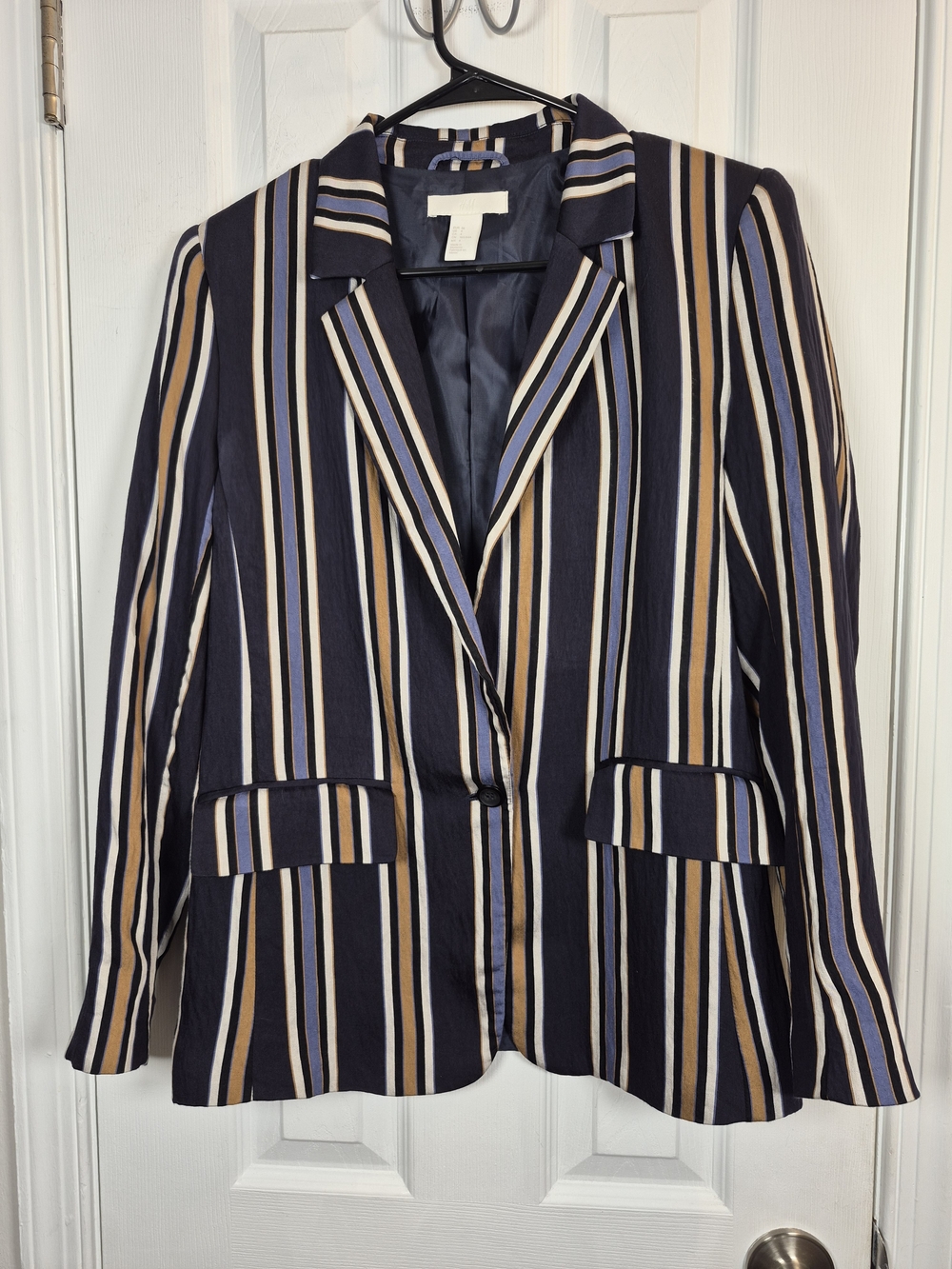 H&M Navy Striped Blazer Jacket US 4 Preppy Dark Academia Retro Tailored Workwear